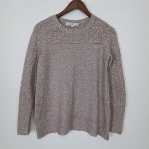 LOFT Sweater Small Tan Soft Lightweight Knit Crew Neck Chevron Eyelet Ribbed Hem